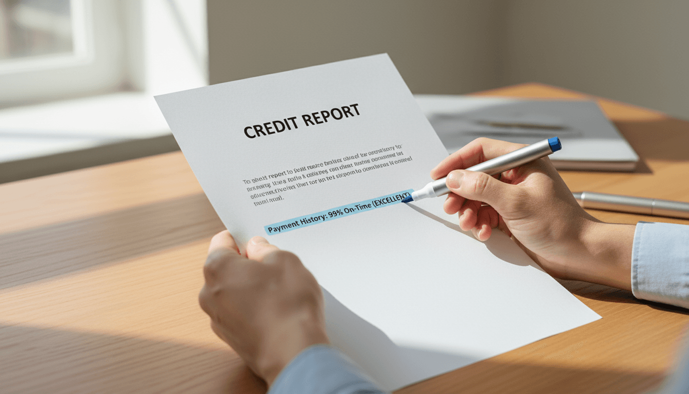 Hands holding a credit report document with highlighted sections on a desk