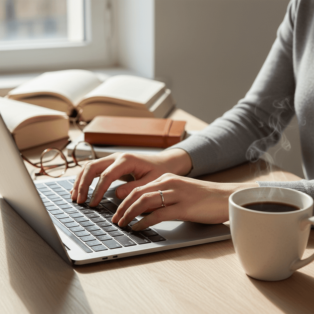 Professional hands reviewing credit report documents on a clean desk