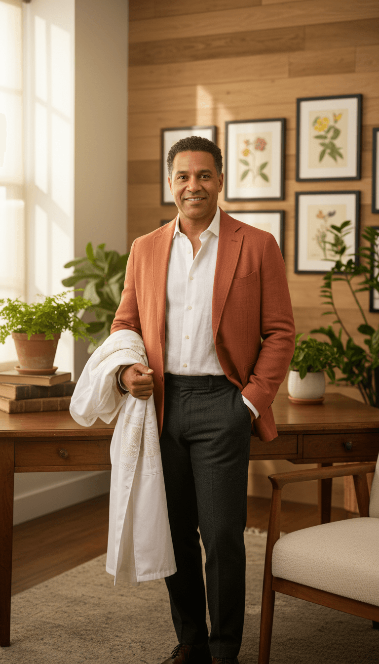 Professional male practitioner in clinical setting, standing confidently with approachable expression and warm demeanor