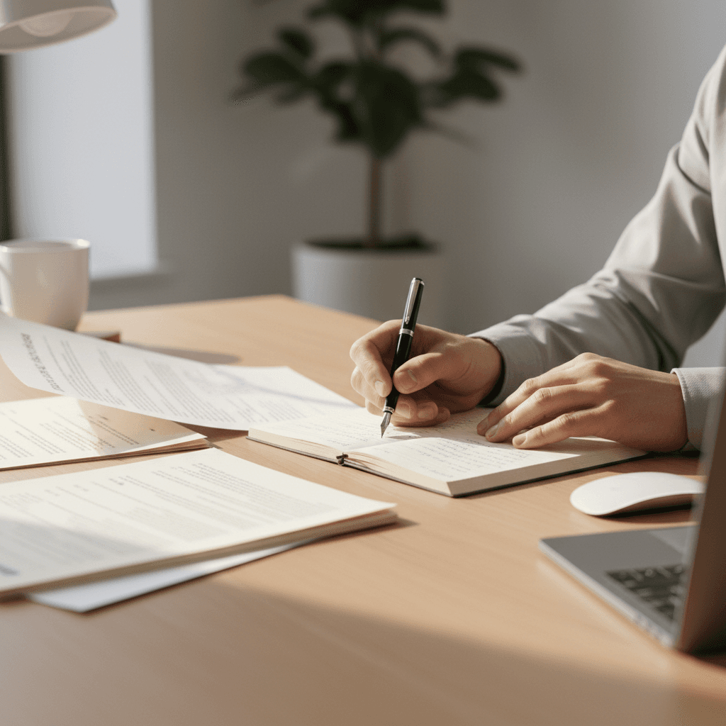 Professional reviewing a credit document at a desk with a smartphone