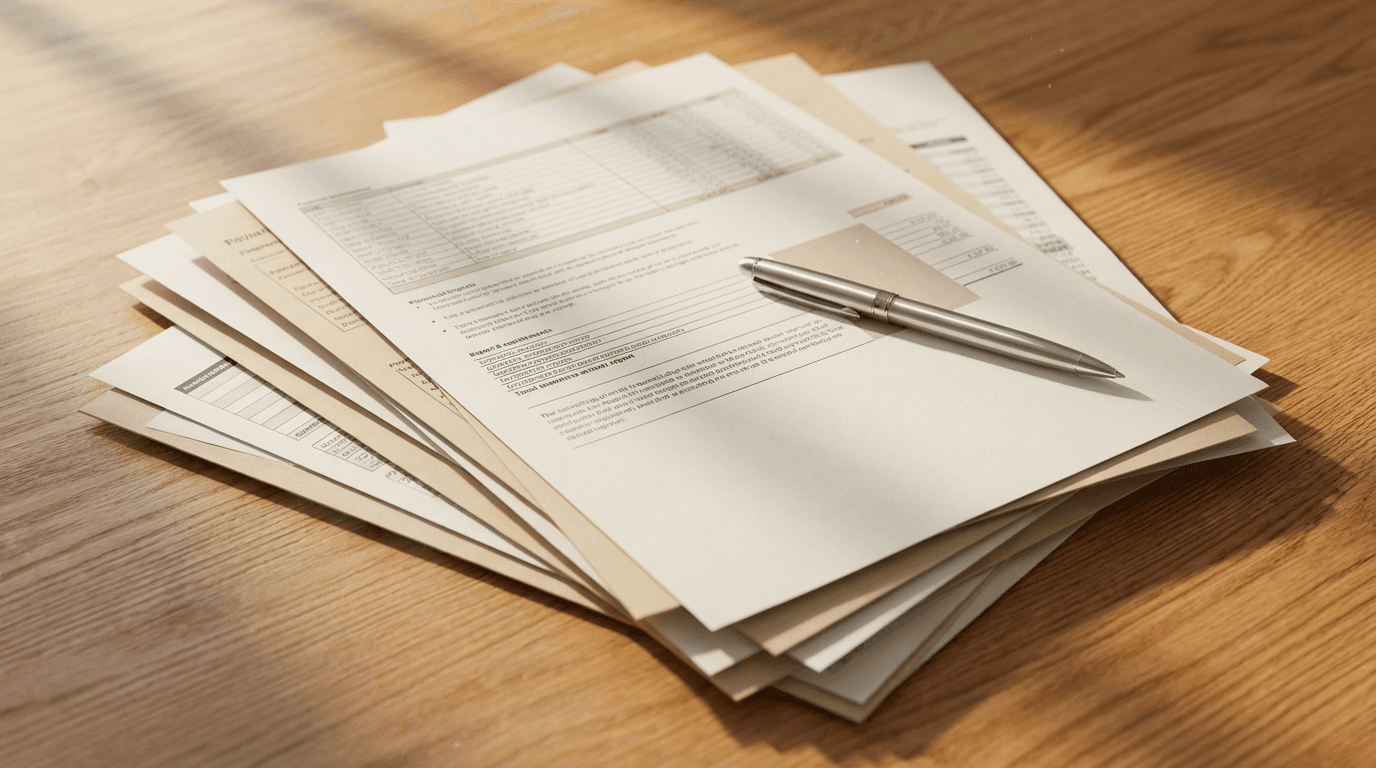 Close-up of a credit report on a desk with a pen, soft natural light, no visible text