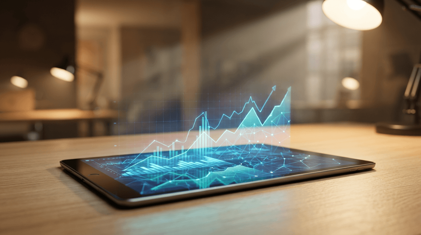 Laptop screen with an upward-trending credit score graph