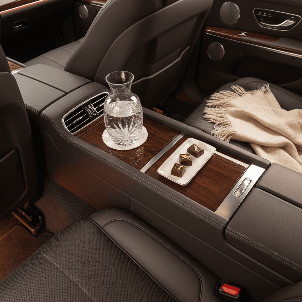 Luxury sedan rear cabin with leather seating, crystal water glass, chocolates, and soft amenities